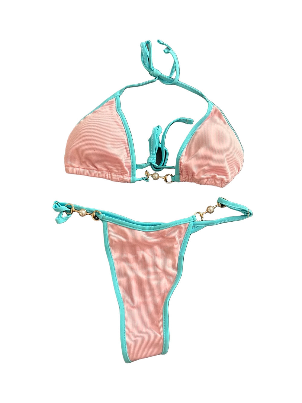 Pink Ribbed String Bikini Set Pearl Gold Hardware Women’s Size Large